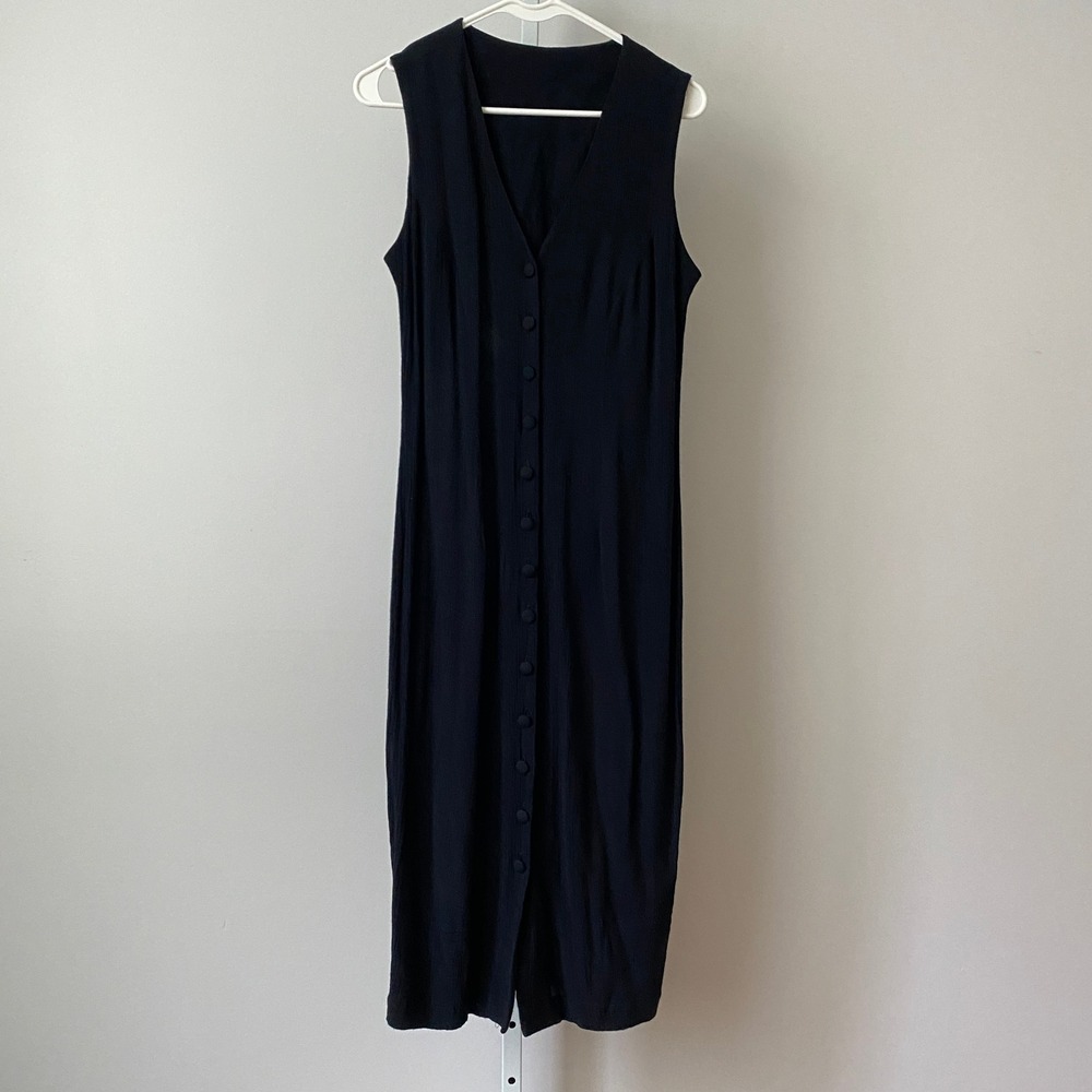Lagenlook Relaxed Witchy Button Down Sleeveless Midi Dress 12 Black SEO